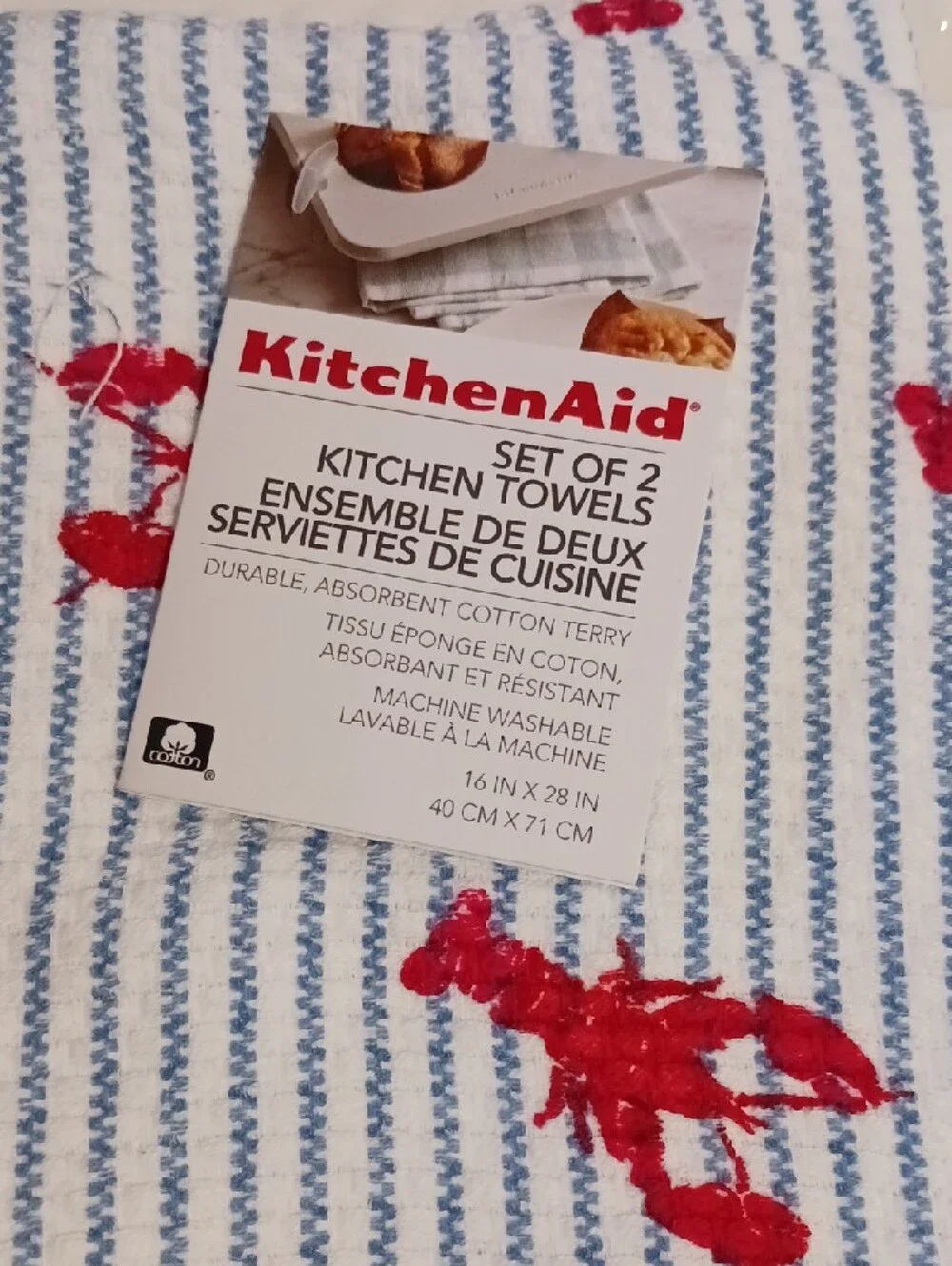 KitchenAid Blue & White Striped Kitchen Towels with Red Lobster Print 🦞